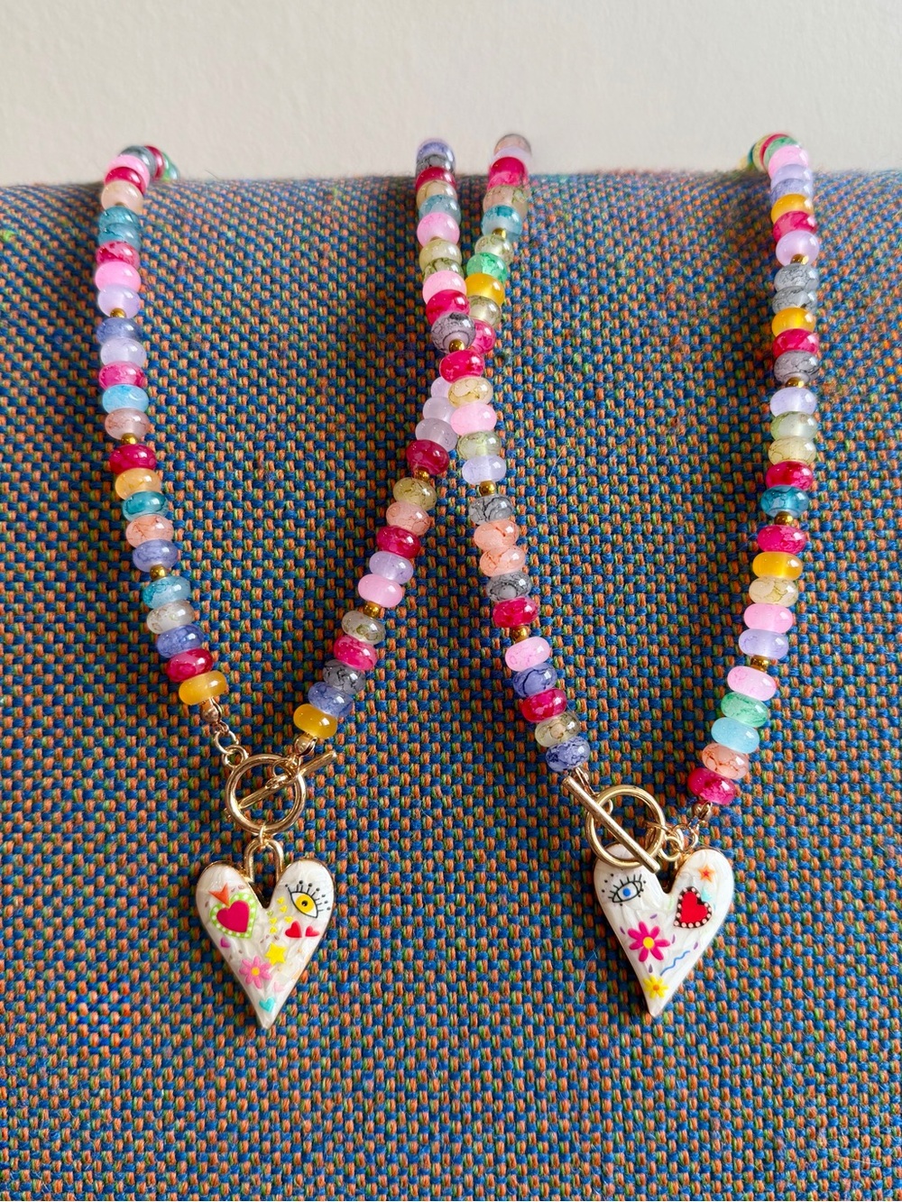 🌟HP!🌟 HEART OF GLASS 🩵✨ Handmade Glass Bead Heart Pendant Statement Necklace